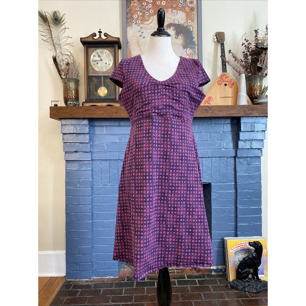 Toad & Co XL Rosemarie Plum Geo Dress Side Zip Pocket Organic Cotton Knit $129